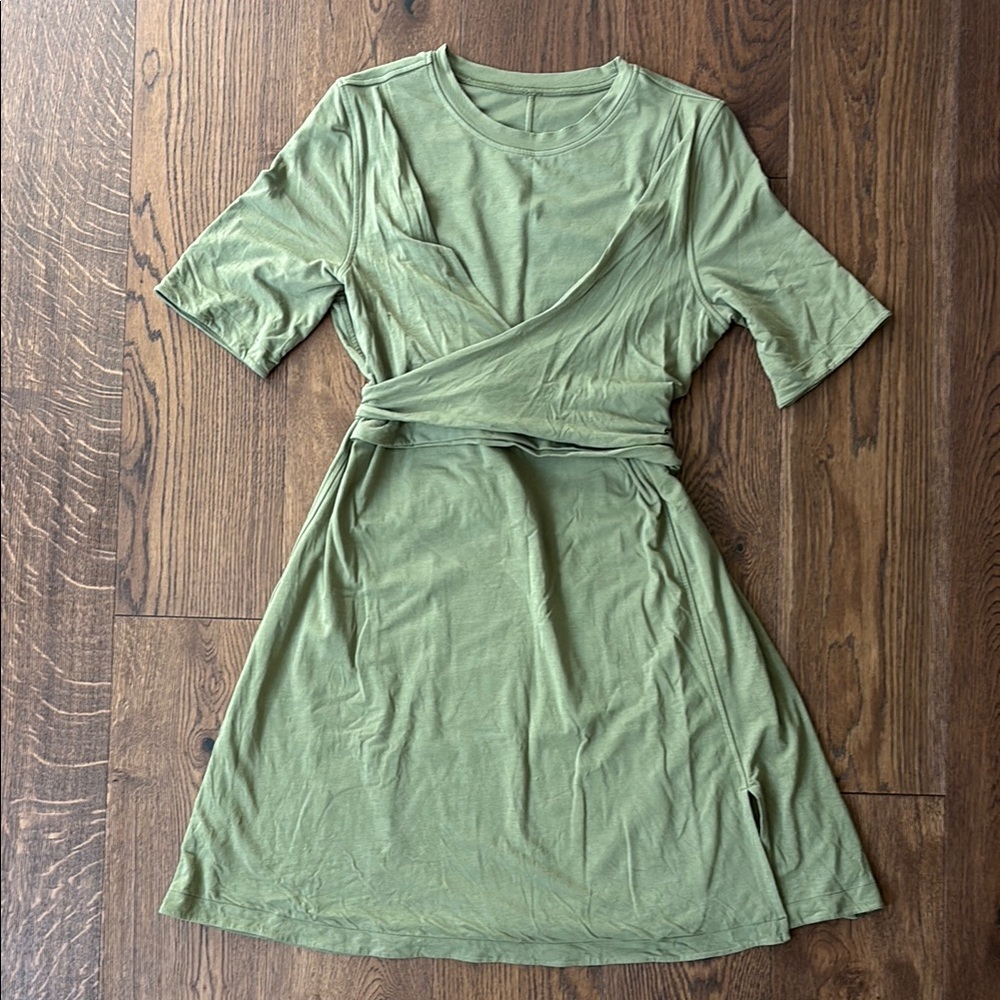 Lululemon Cotton Wrap-Front T-Shirt Dress in Bronze Green